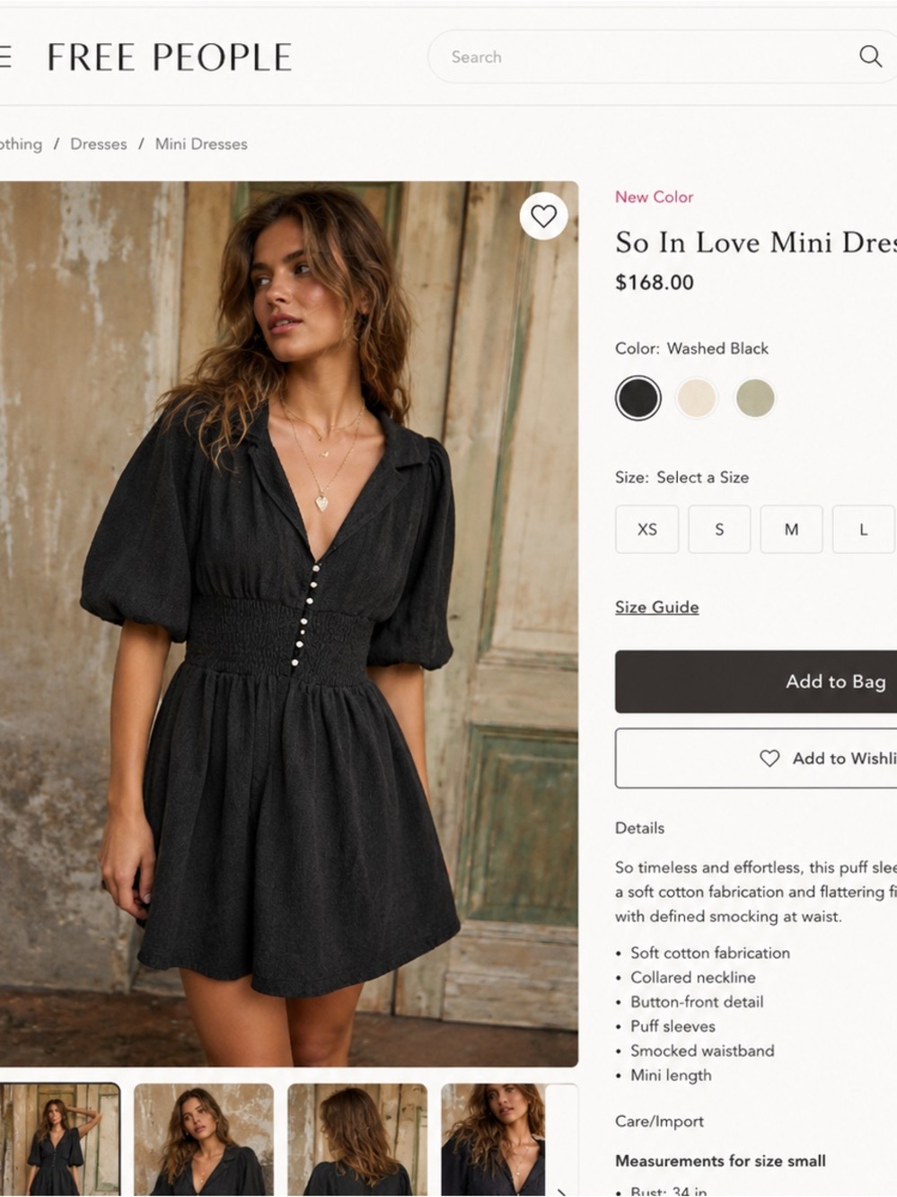 Free People Washed Black Puff-Sleeve Mini Dress